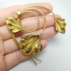 Vintage Sterling Silver Gold Plated Spiral Leaf Design Brooch, Large Estate